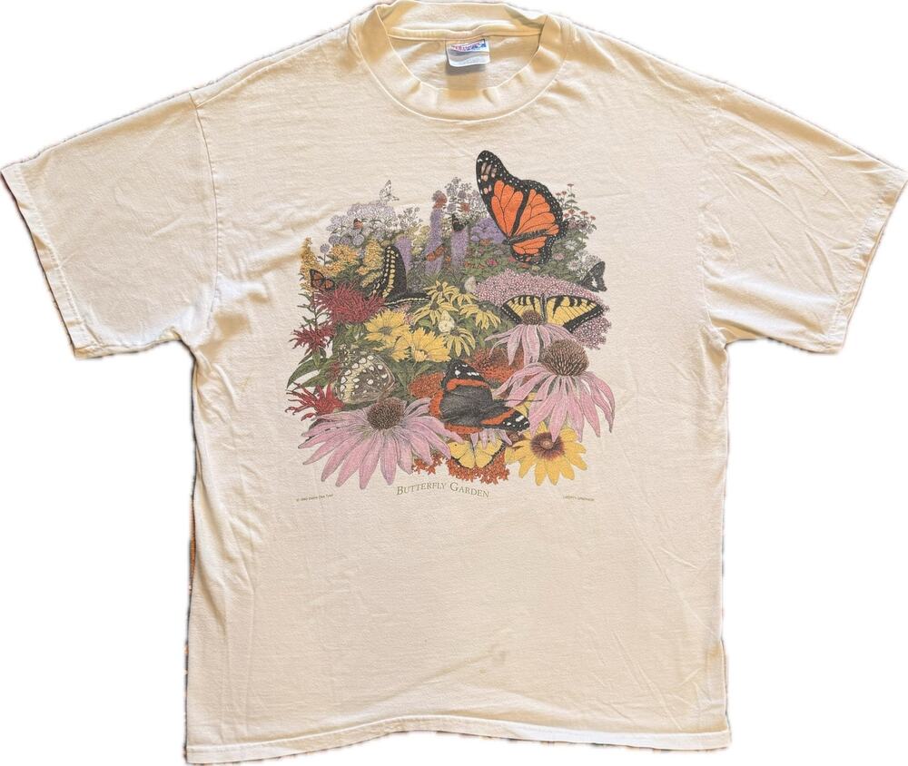 Vintage 1993 Diana Dee Tyler Butterfly Garden Shirt Hanes Cream L Double Sided
